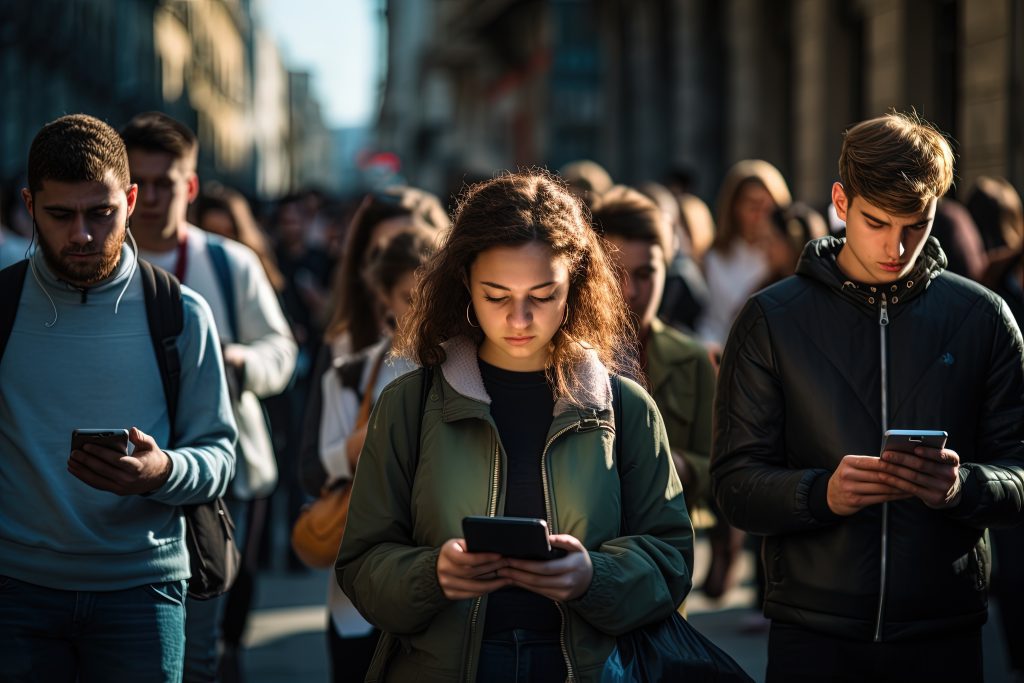 dynamic street filled with people all engrossed their smartphones